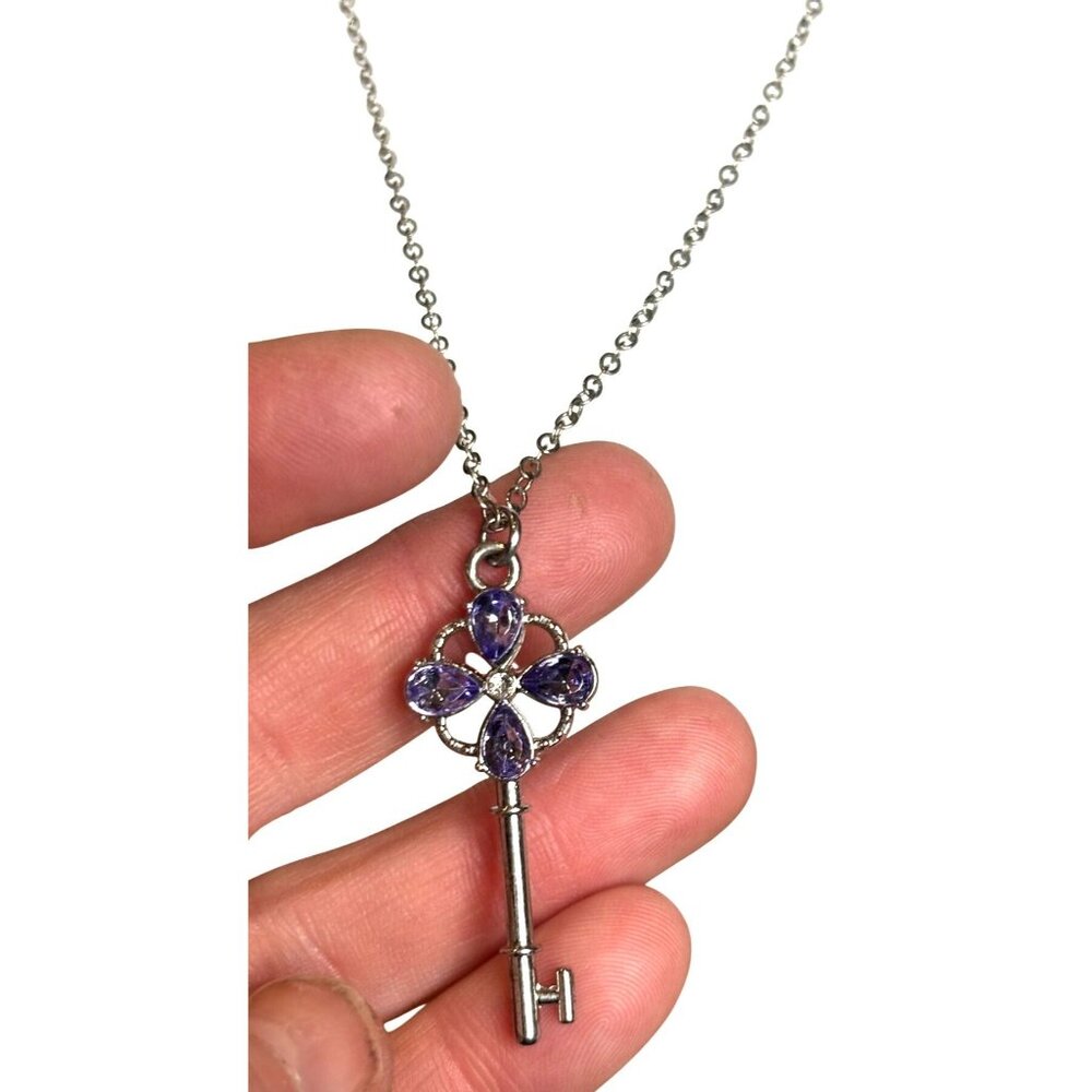 Silver Key Pendant Necklace With Purple Gemstone Accents & Chain